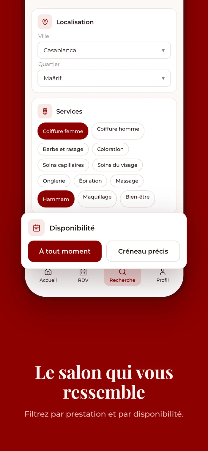 Filtrer par prestation et disponibilité